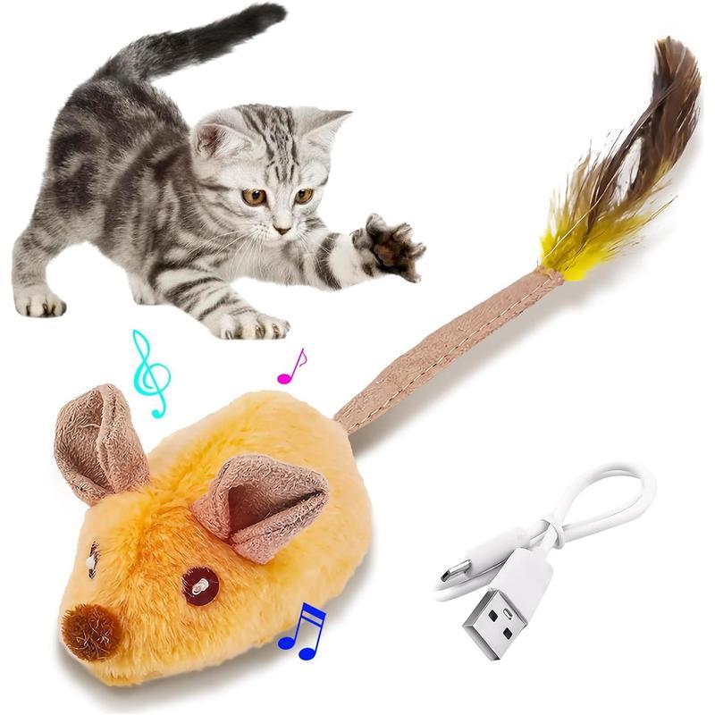 USB Rechargeable Interactive Cat Mouse Toy – LED Lights, Automatic Movement & Chirping Sounds with Feather Tai - AllvueCo