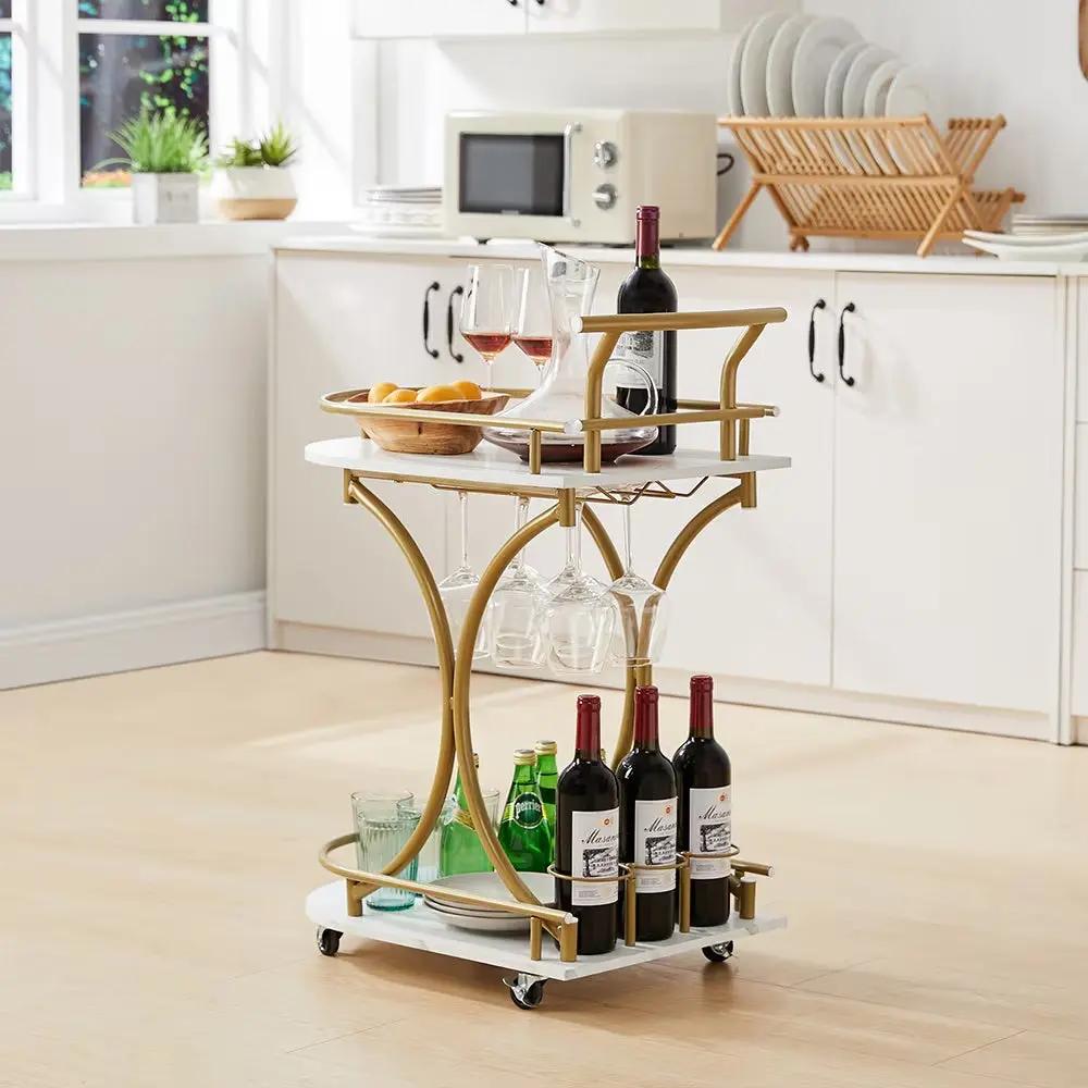 2 Tier Rolling Bar Cart β Gold & White Drink Trolley with Wine Rack and Glass Holder - AllvueCo