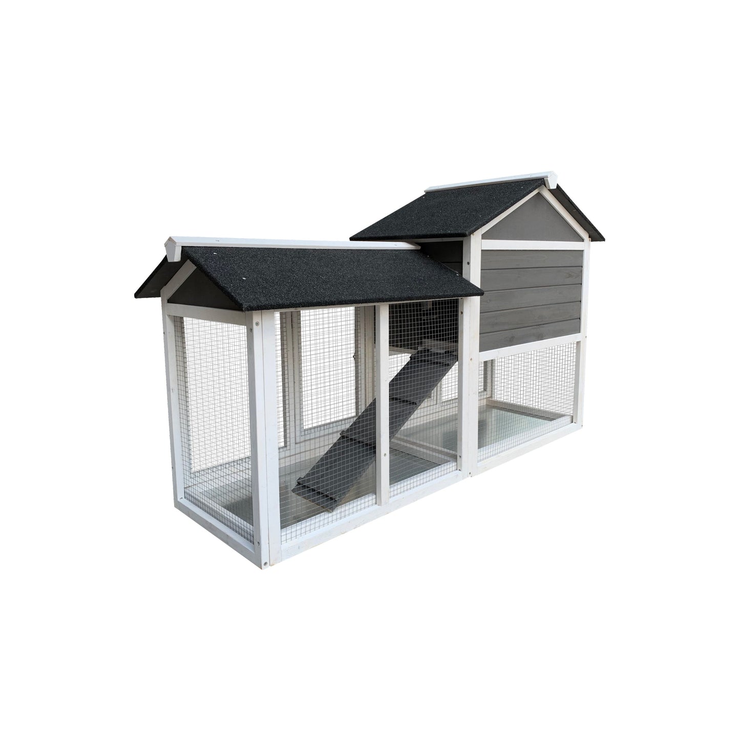 58” Wooden Rabbit Hutch with Run – Gray Two-Level Outdoor Bunny Cage with Ramp, Asphalt Roof & Removable Tray - AllvueCo
