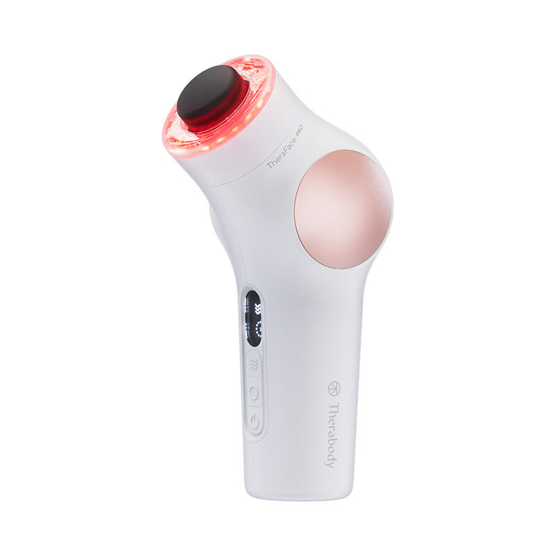 White and pink electronic device with a red light on a white background