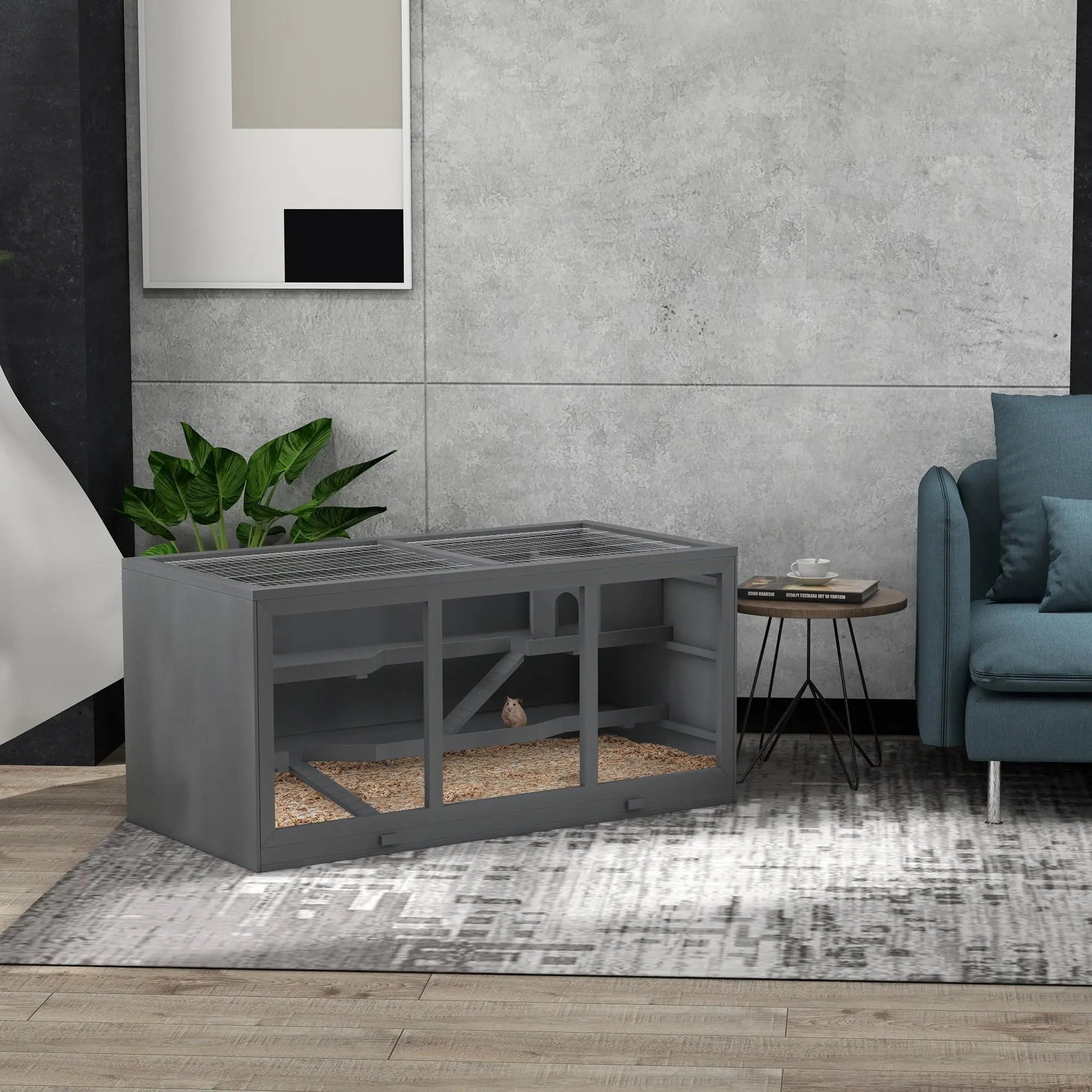 PawHut XL Wooden Hamster Cage – Multi-Level Small Animal Habitat for Gerbils, Mice & More – Open Roof, Ramp & Cabin – Grey - AllvueCo