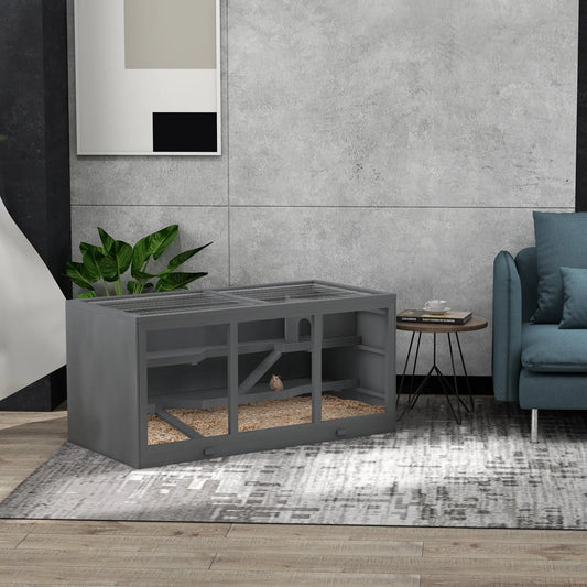 PawHut XL Wooden Hamster Cage – Multi-Level Small Animal Habitat for Gerbils, Mice & More – Open Roof, Ramp & Cabin – Grey - AllvueCo