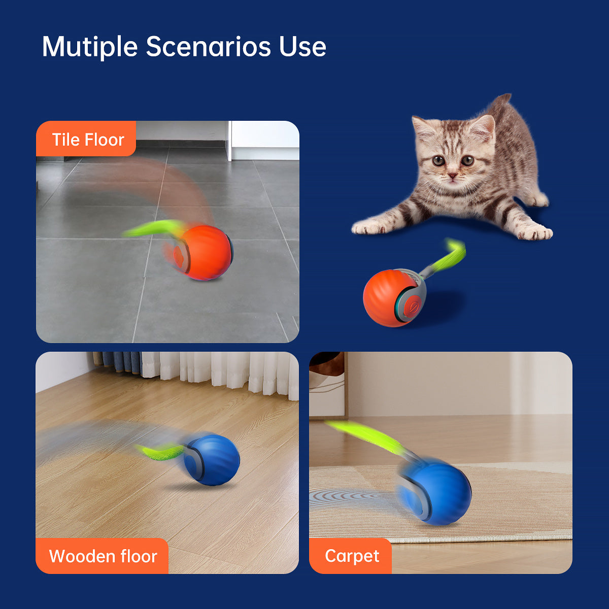 Smart Interactive Cat Ball – Type-C Rechargeable, Automatic Rolling Toy with LED Lights & Feather Tail - AllvueCo