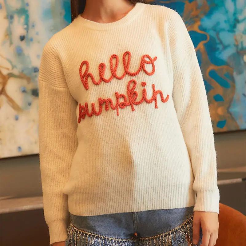 Women's Halloween Contrast Color Embroidery Crew Neck Sweater - AllvueCo