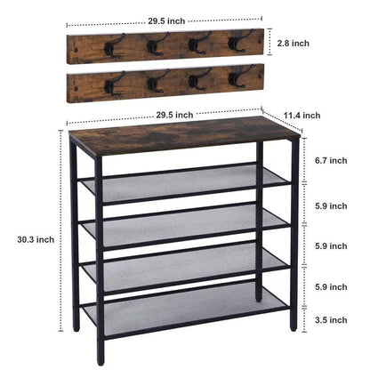 4-Tier Wooden Shoe Rack with Grid Rack and Coat Hook - AllvueCo