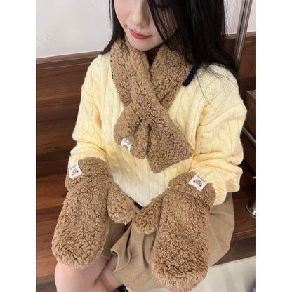 Cartoon Bear Plush Gloves & Scarf Set – Thickened Winter Warm & Cute Design AllvueCo