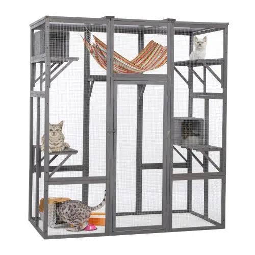 Oversized Outdoor Cat Cage – Multi-Level Wooden Catio with Sun Roof – Grey - AllvueCo