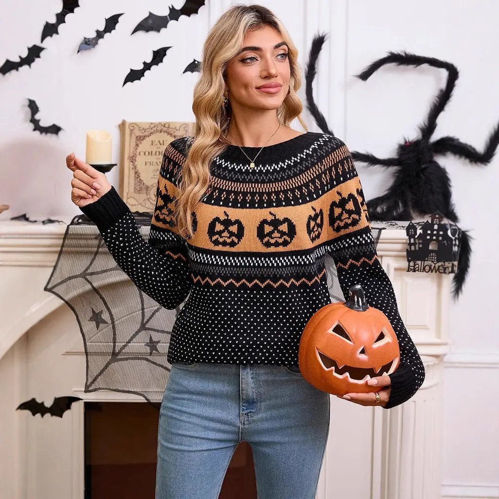 Women's Halloween Pumpkin Embroidered Retro Long-sleeved Sweater - AllvueCo