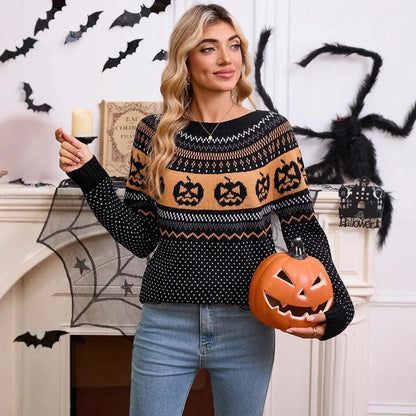 Women's Halloween Pumpkin Embroidered Retro Long-sleeved Sweater - AllvueCo