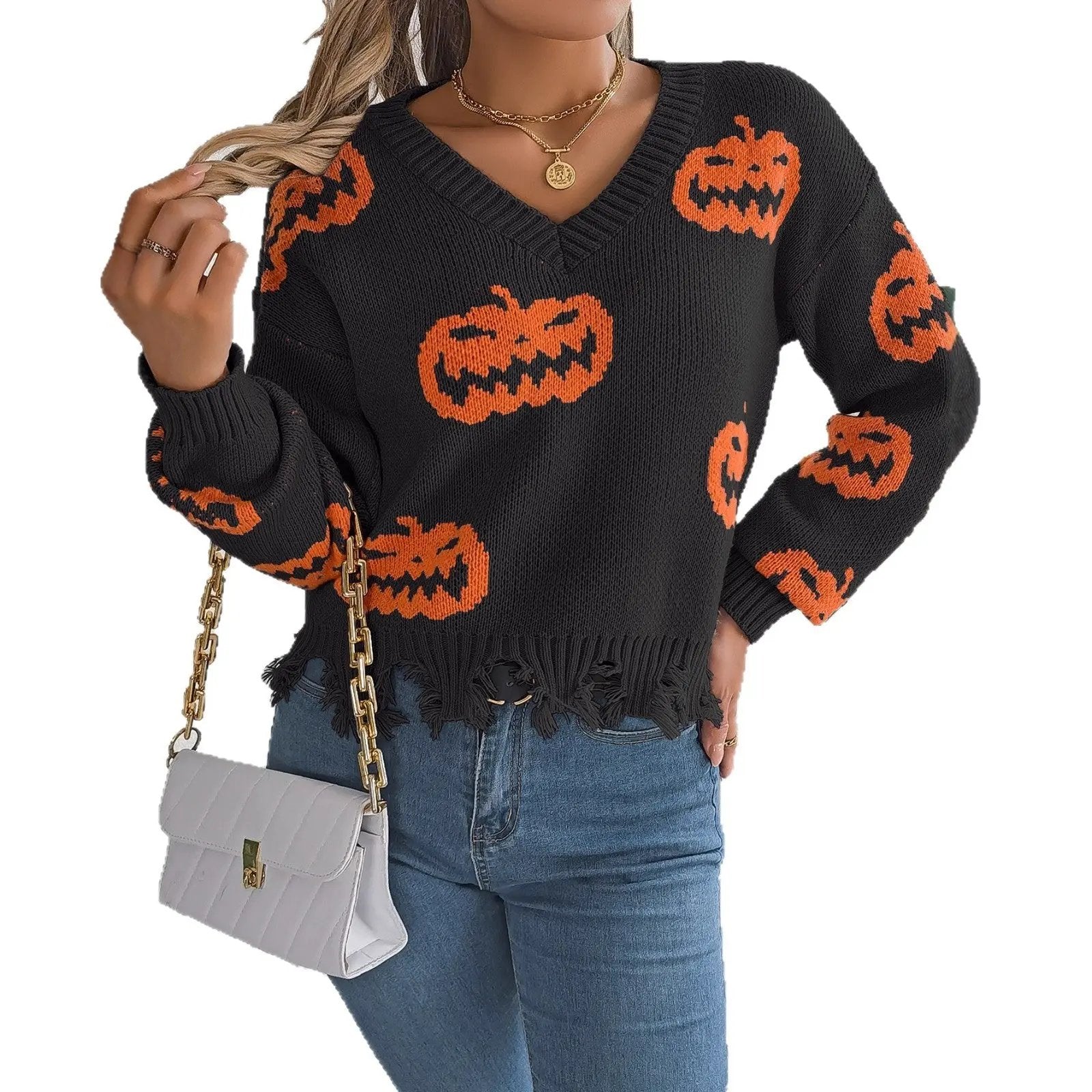 Halloween Contrast Color Pumpkin Cut Long Sleeve Sweater - AllvueCo