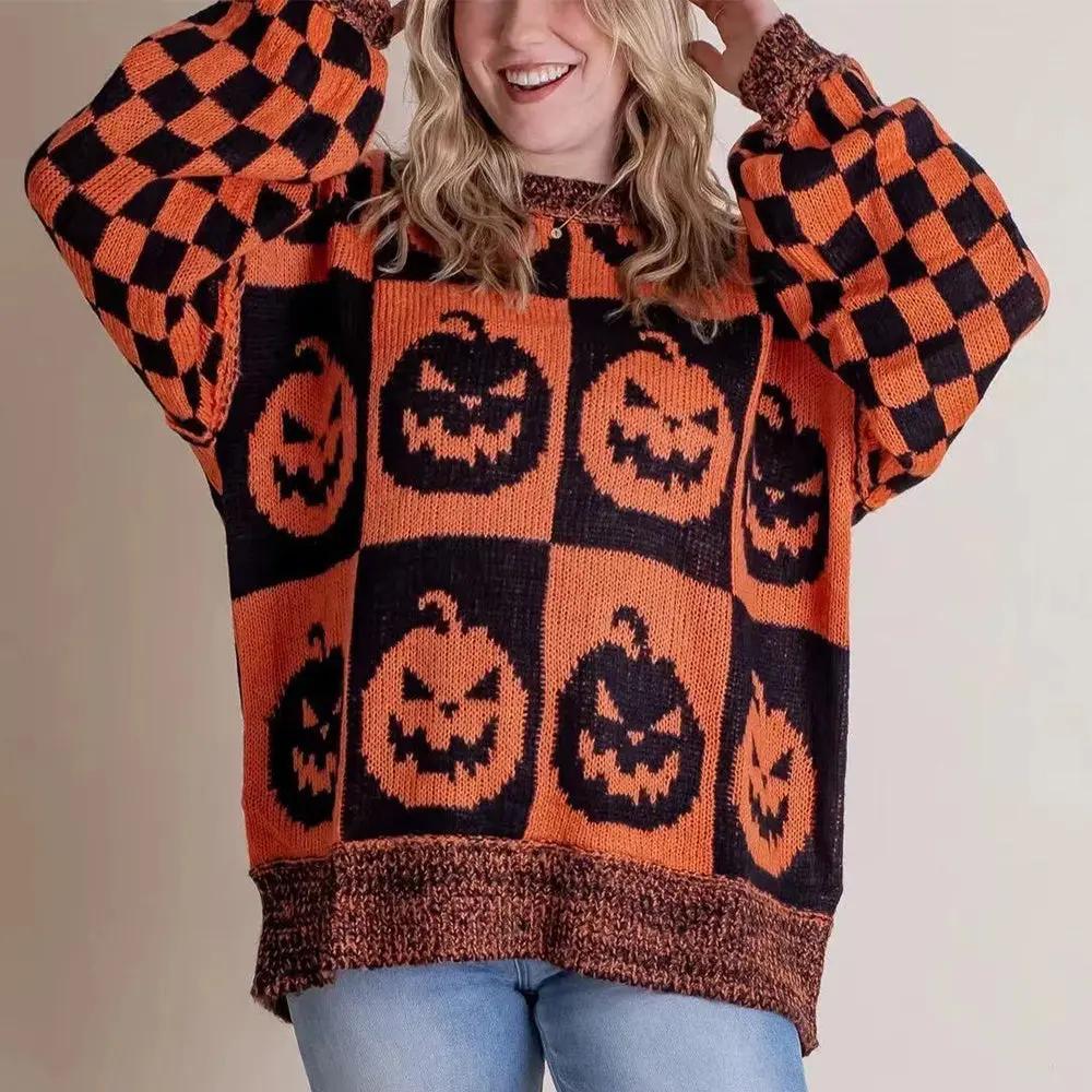 Halloween Cartoon Ghost and Checkerboard Print Pullover Sweater - AllvueCo