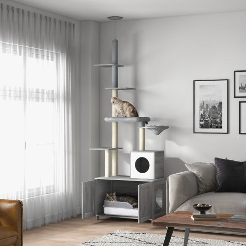Pawhut Cat Tree with Litter Box Enclosure - 2 in 1 Indoor Cat Tower - AllvueCo