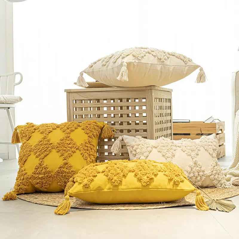 Home Furnishing Tufted Throw Pillow with Tassels for Sofa | Stylish Home & Garden Decor