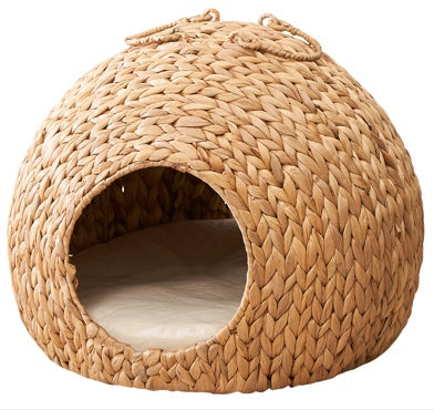 Natural Rattan Circular Cat Bed - Handwoven Water Hyacinth Cat Cave - AllvueCo
