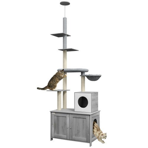 Pawhut Cat Tree with Litter Box Enclosure - 2 in 1 Indoor Cat Tower - AllvueCo