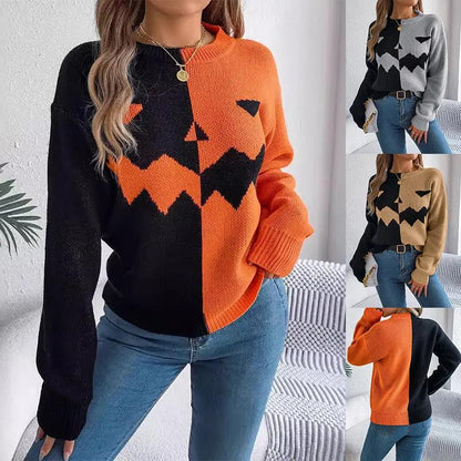Halloween Contrast-color Pullover Sweater for Women - Long Sleeve Knitted Top - AllvueCo