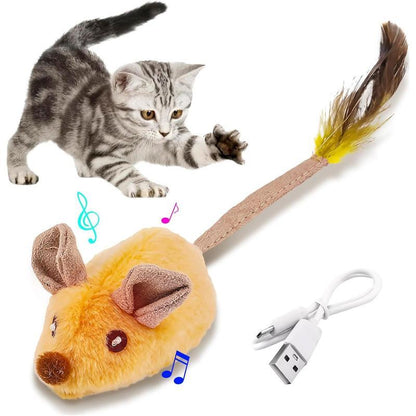 USB Rechargeable Interactive Cat Mouse Toy – LED Lights, Automatic Movement & Chirping Sounds with Feather Tai - AllvueCo
