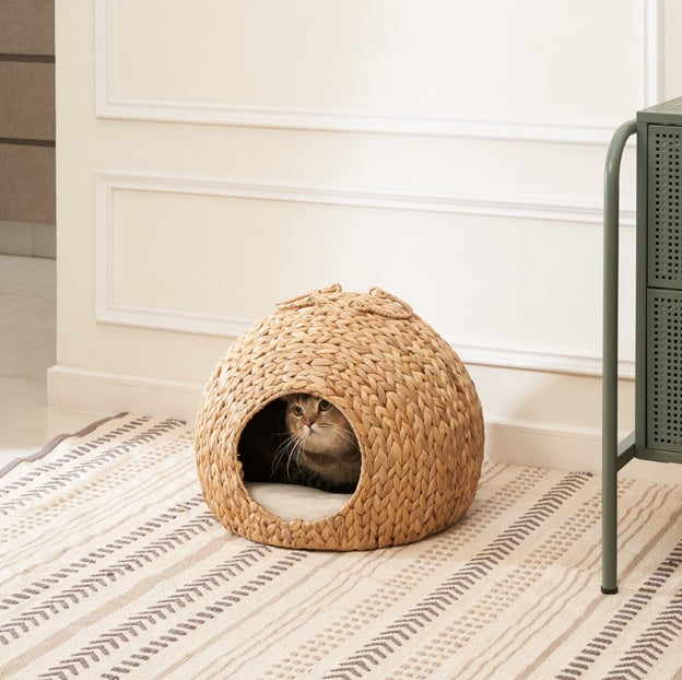 Natural Rattan Circular Cat Bed - Handwoven Water Hyacinth Cat Cave - AllvueCo