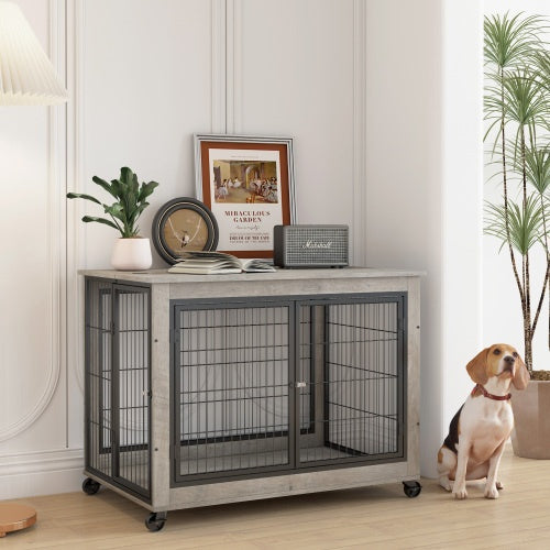 Furniture Style Dog Crate Side Table – Double Doors, Wheels & Raised Top – Grey - AllvueCo