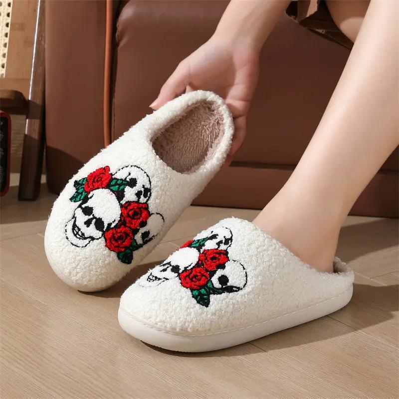 Halloween Skull Rose Slippers - Warm Indoor Slippers for Women - AllvueCo