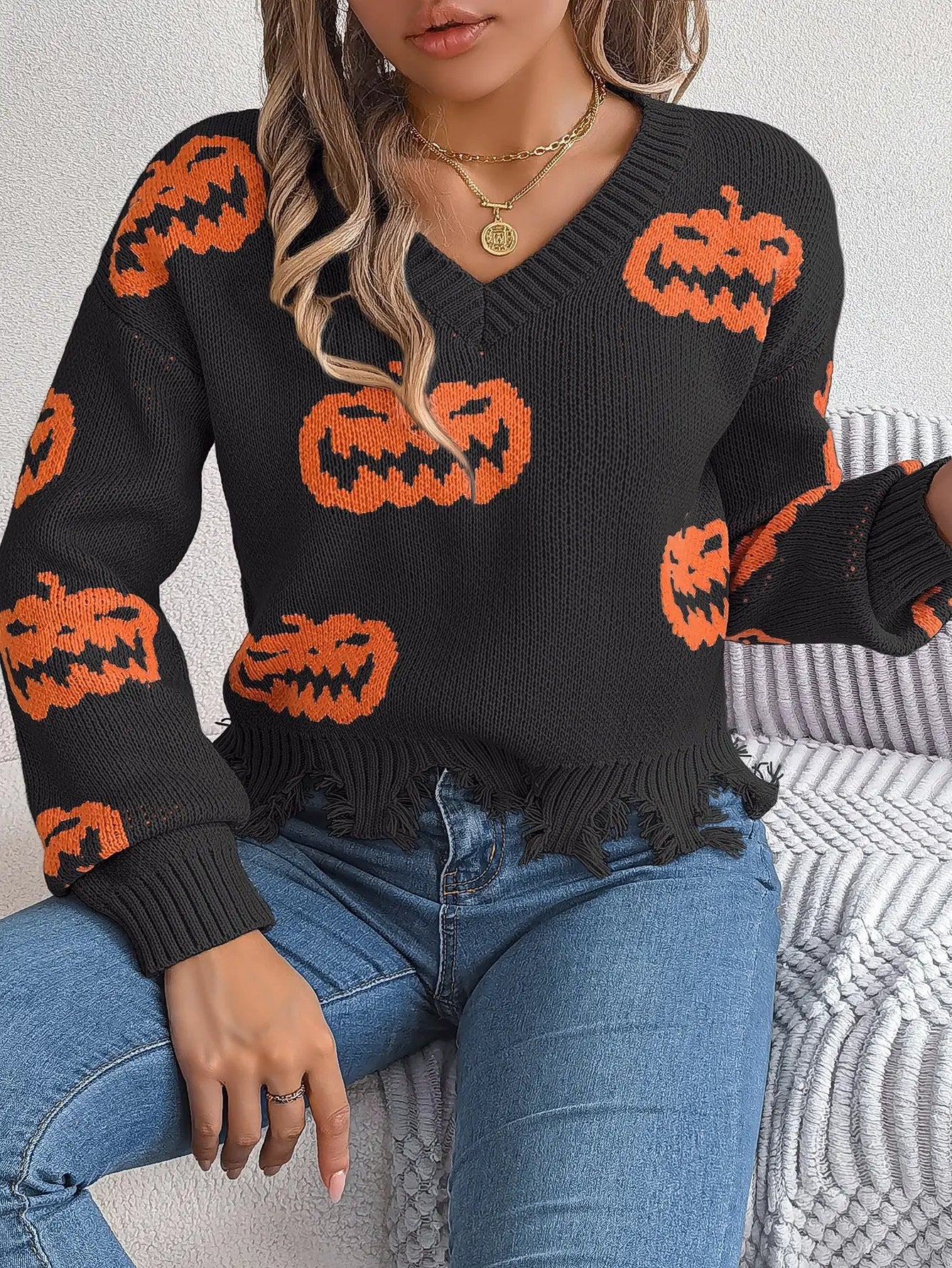 Halloween Contrast Color Pumpkin Cut Long Sleeve Sweater - AllvueCo