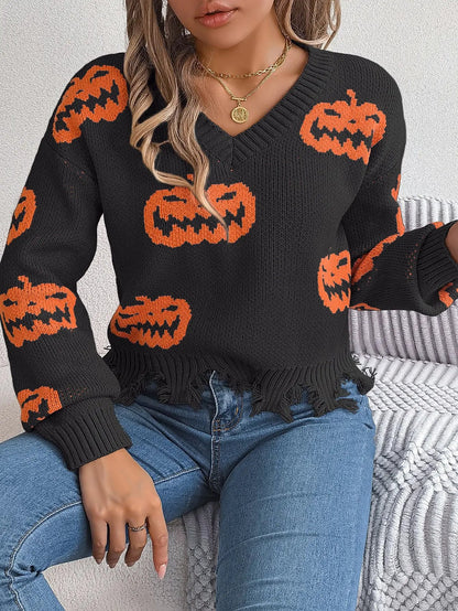 Halloween Contrast Color Pumpkin Cut Long Sleeve Sweater - AllvueCo