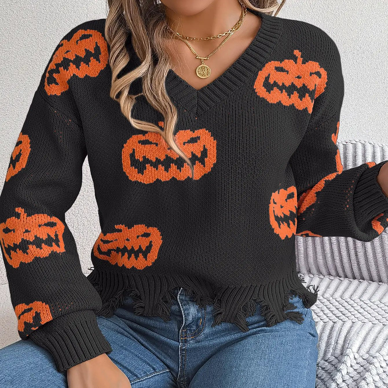 Halloween Contrast Color Pumpkin Cut Long Sleeve Sweater - AllvueCo