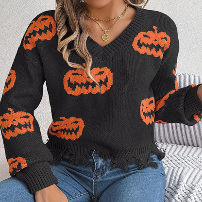 Halloween Contrast Color Pumpkin Cut Long Sleeve Sweater - AllvueCo