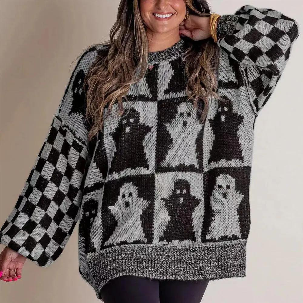 Halloween Cartoon Ghost and Checkerboard Print Pullover Sweater - AllvueCo