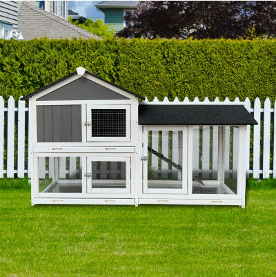 58” Wooden Rabbit Hutch with Run – Gray Two-Level Outdoor Bunny Cage with Ramp, Asphalt Roof & Removable Tray - AllvueCo