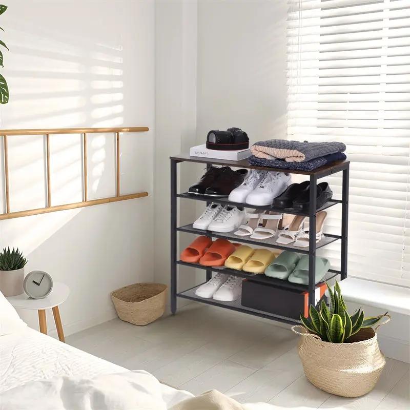 4-Tier Wooden Shoe Rack with Grid Rack and Coat Hook - AllvueCo