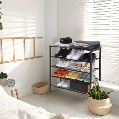 4-Tier Wooden Shoe Rack with Grid Rack and Coat Hook - AllvueCo