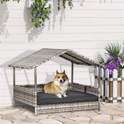 Elevated Outdoor Pet Cabana – Rattan Dog House with Cushion & Weather Protection (Charcoal Gray) - AllvueCo