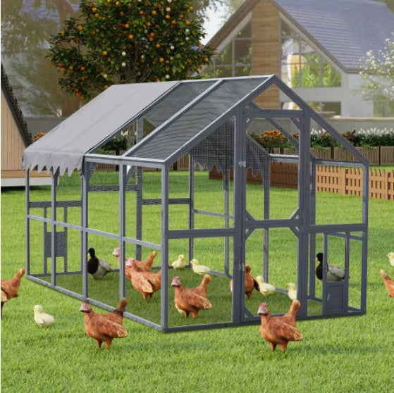 Outdoor Walk-In Chicken Coop & Pet Playpen with Waterproof Cover – Large Metal Frame (Grey) - AllvueCo