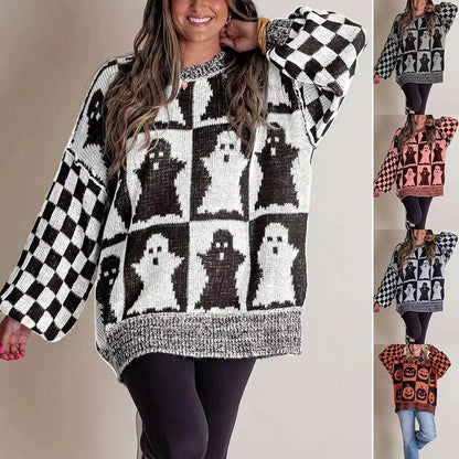 Halloween Cartoon Ghost and Checkerboard Print Pullover Sweater - AllvueCo