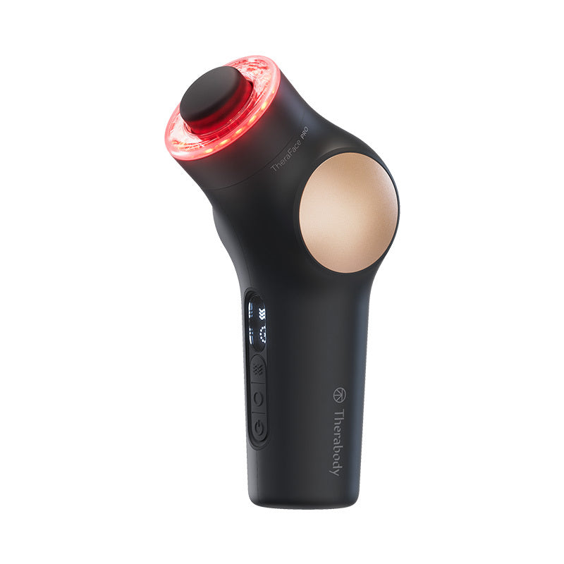 Black handheld device with a red light on a white background