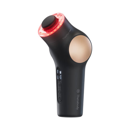 Black handheld device with a red light on a white background