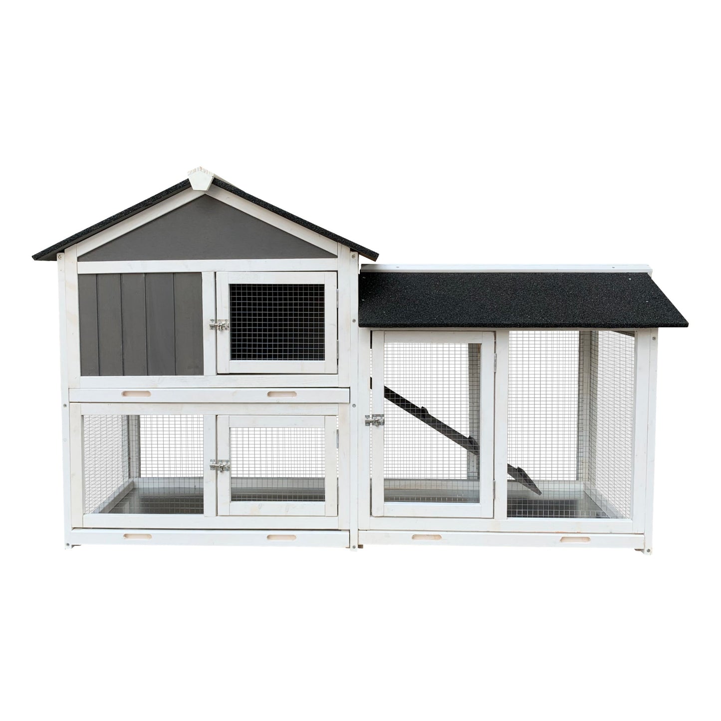 58” Wooden Rabbit Hutch with Run – Gray Two-Level Outdoor Bunny Cage with Ramp, Asphalt Roof & Removable Tray - AllvueCo