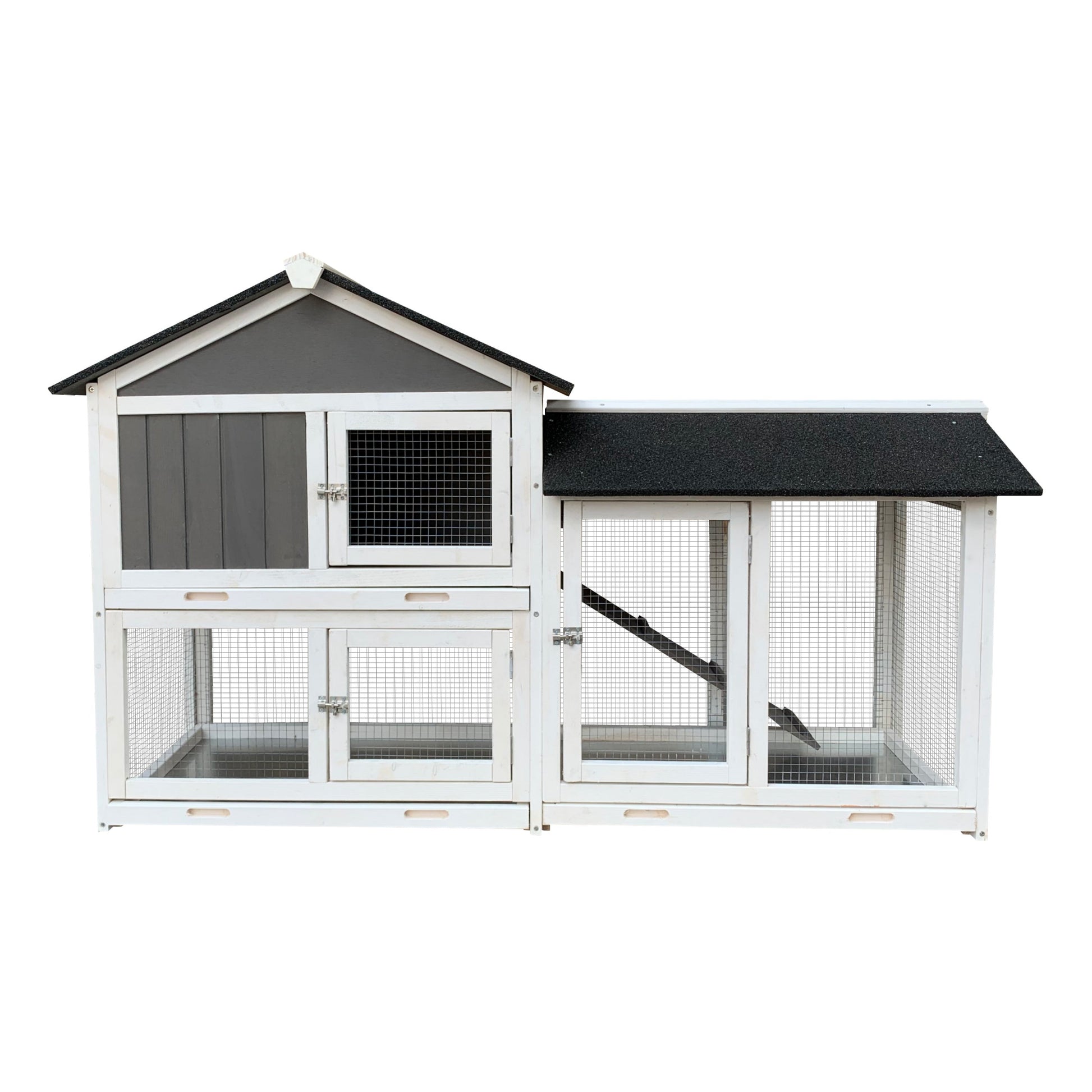58” Wooden Rabbit Hutch with Run – Gray Two-Level Outdoor Bunny Cage with Ramp, Asphalt Roof & Removable Tray - AllvueCo