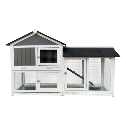 58” Wooden Rabbit Hutch with Run – Gray Two-Level Outdoor Bunny Cage with Ramp, Asphalt Roof & Removable Tray - AllvueCo