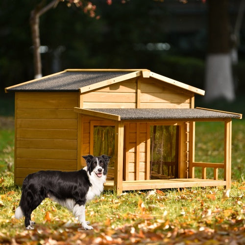 Large Wooden Dog House with Porch – Outdoor Cabin Style Shelter for Medium & Large Dogs - AllvueCo