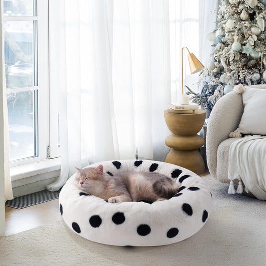 MEWOOFUN Donut Cat Bed – 23" Plush Washable Pet Bed with Non-Slip Bottom – Black Dot - AllvueCo