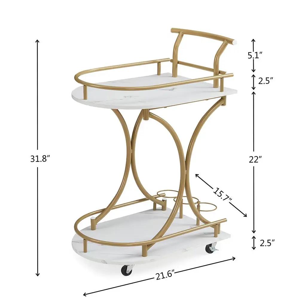2 Tier Rolling Bar Cart – Gold & White Drink Trolley with Wine Rack and Glass Holder - AllvueCo