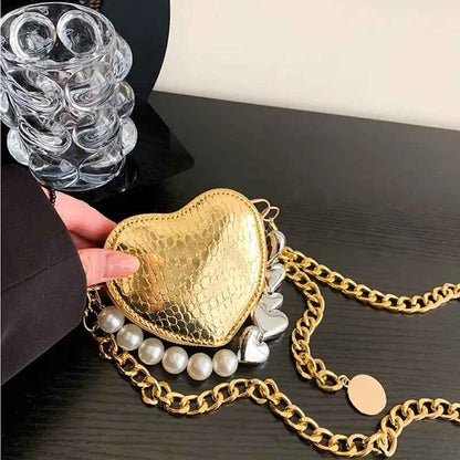 Mini Love-Shaped Pearls Handbag - Stylish Fashion Chain Lipstick Bag