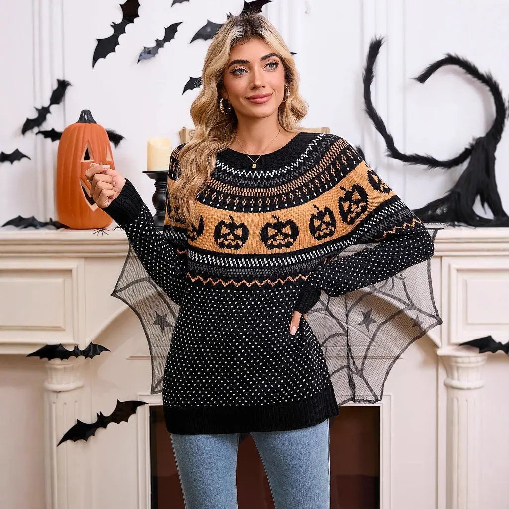 Women's Halloween Pumpkin Embroidered Retro Long-sleeved Sweater - AllvueCo