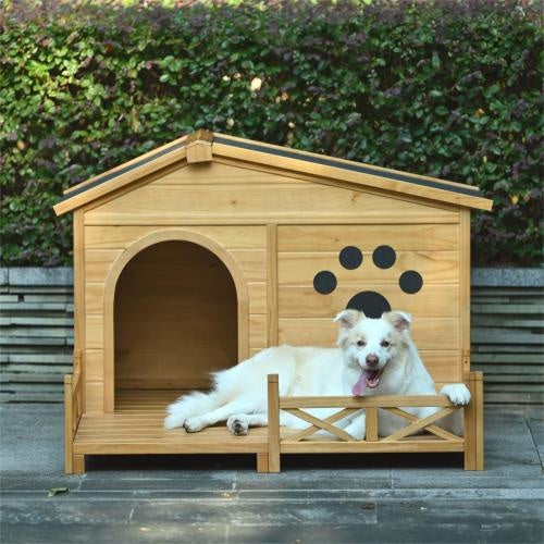 48" Wooden Outdoor Dog House with Porch – Weatherproof Medium Dog Kennel with Raised Floor & Easy Assembly - AllvueCo