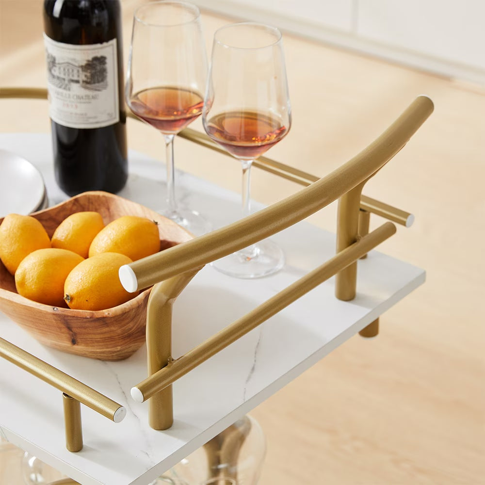 2 Tier Rolling Bar Cart – Gold & White Drink Trolley with Wine Rack and Glass Holder - AllvueCo