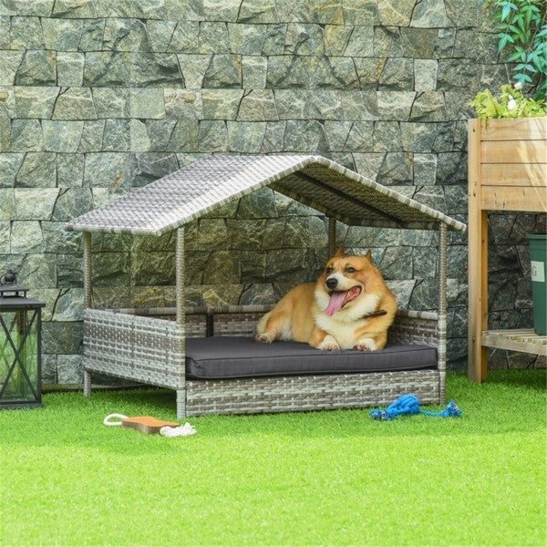 Elevated Outdoor Pet Cabana – Rattan Dog House with Cushion & Weather Protection (Charcoal Gray) - AllvueCo