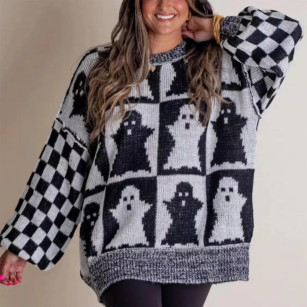 Halloween Cartoon Ghost and Checkerboard Print Pullover Sweater - AllvueCo