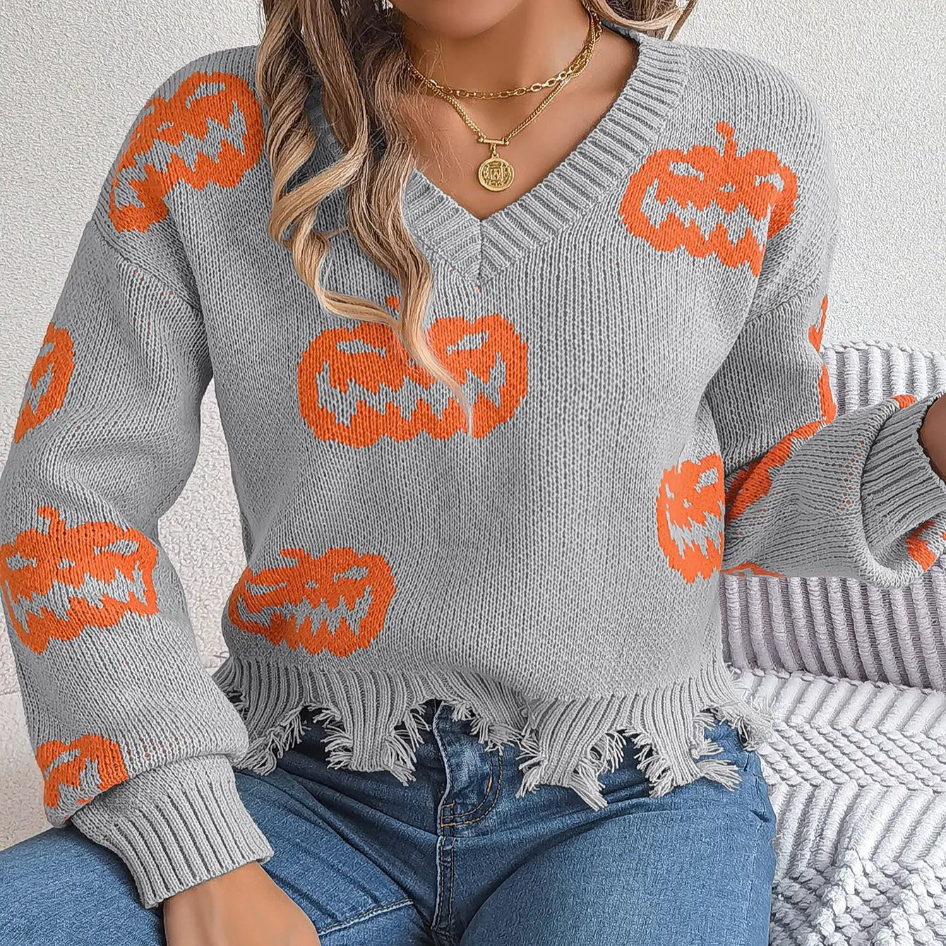 Halloween Contrast Color Pumpkin Cut Long Sleeve Sweater - AllvueCo